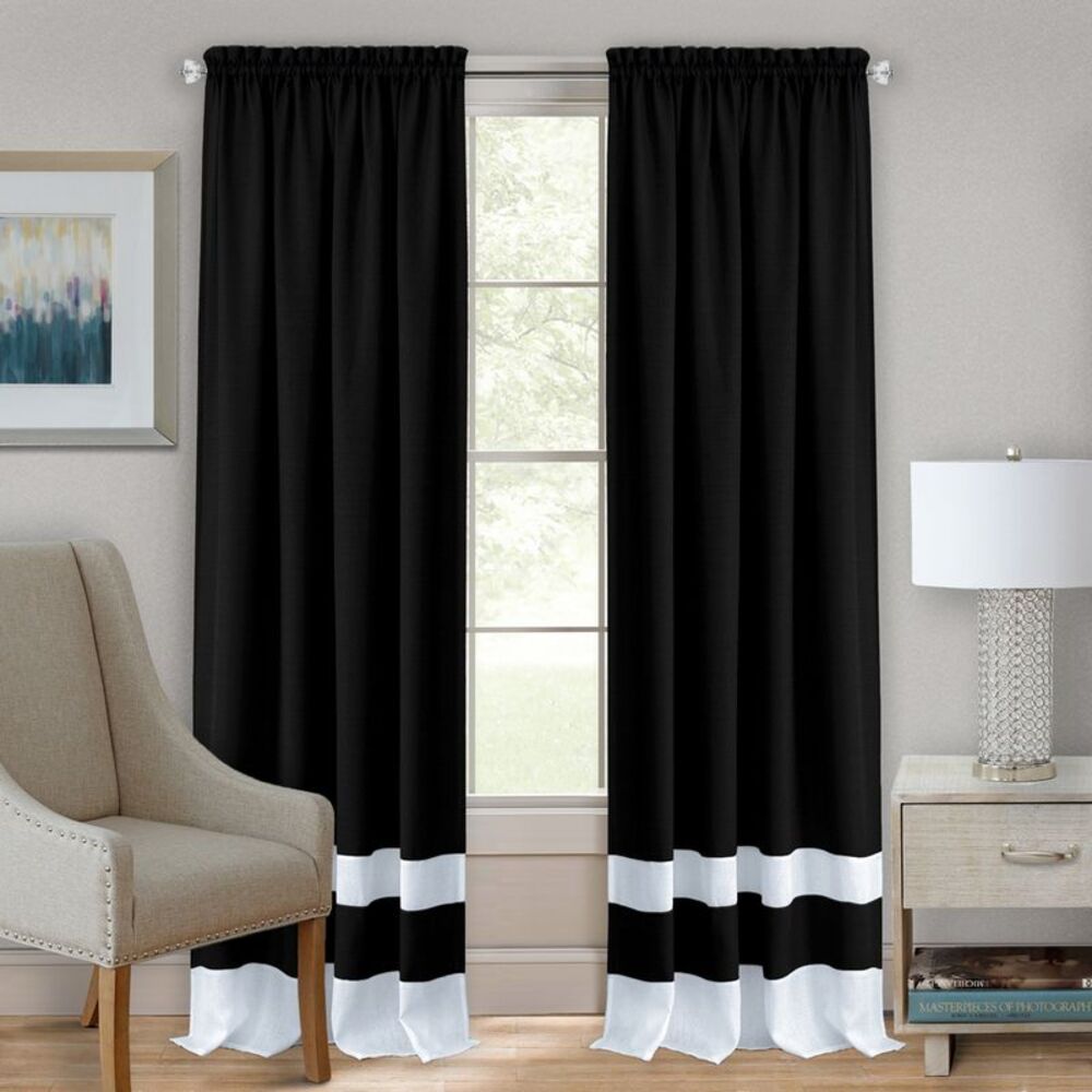 Darcy Black Solid Contemporary Window Curtain Panel: 52" x 63", Rod Pocket Panel